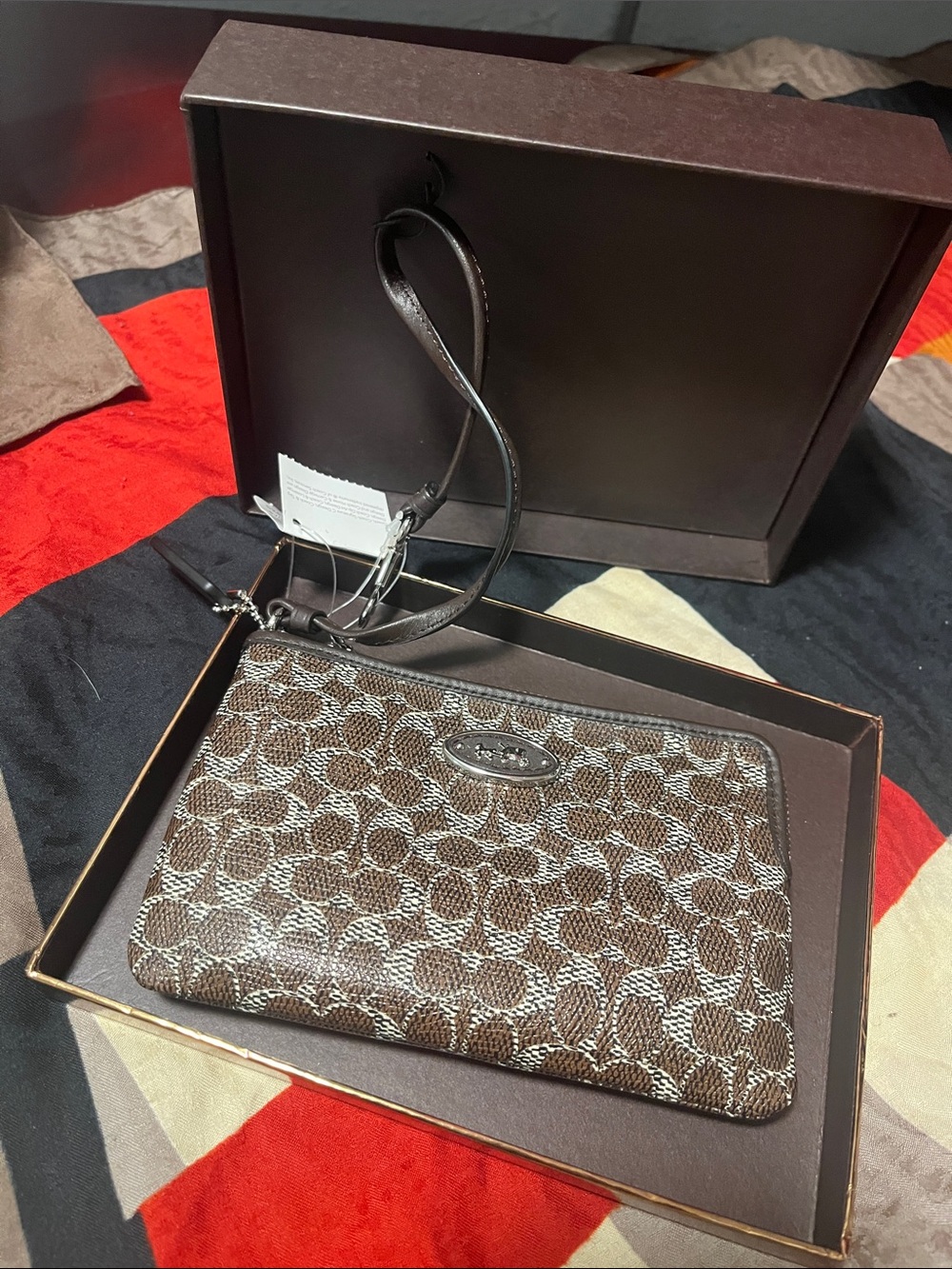 Coach Brown Signature Canvas Wristlet with Dark Brown Leather Trim
